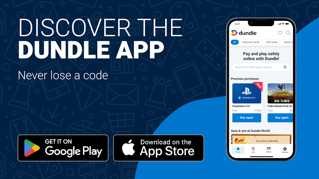 Discover the dundle app A phone screen with the dundle homepage on a mixed light blue and dark blue background. On the left there are download buttons for Android and Apple.