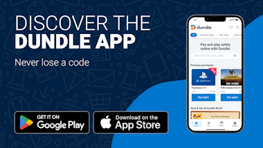 A phone screen with the dundle homepage on a mixed light blue and dark blue background. On the left there are download buttons for Android and Apple.