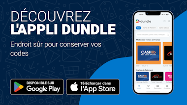 Découvrez l'appli dundle Un écran de téléphone avec la page d'accueil dundle sur un fond mixte bleu clair et bleu foncé. À gauche, des boutons de téléchargement pour Android et Apple.