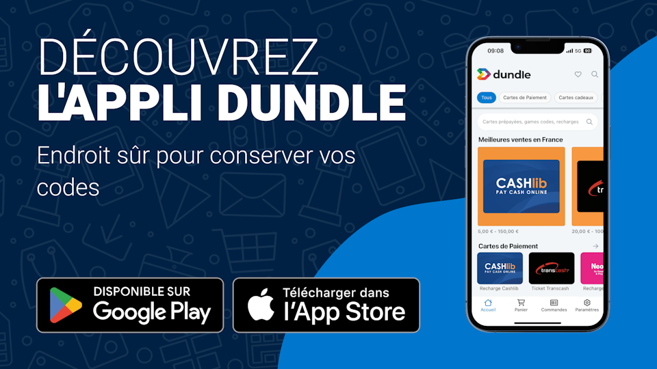 Un écran de téléphone avec la page d'accueil dundle sur un fond mixte bleu clair et bleu foncé. À gauche, des boutons de téléchargement pour Android et Apple.