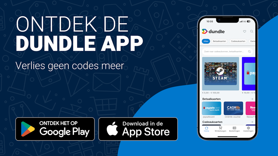Een telefoonscherm met de dundle homepage op een gemengde lichtblauwe en donkerblauwe achtergrond. Links staan downloadknoppen voor Android en Apple.