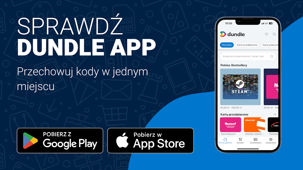 Ekran telefonu ze stroną główną dundle na jasnoniebieskim i ciemnoniebieskim tle. Po lewej stronie znajdują się przyciski pobierania dla systemów Android i Apple