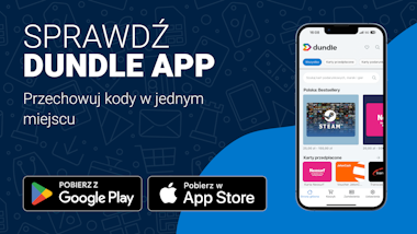 Sprawdź dundle app Ekran telefonu ze stroną główną dundle na jasnoniebieskim i ciemnoniebieskim tle. Po lewej stronie znajdują się przyciski pobierania dla systemów Android i Apple