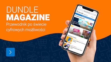 dundle magazine Na mieszanym ciemnoniebieskim i pomarańczowym tle znajduje się ręka trzymająca telefon ze stroną główną magazynu dundle.