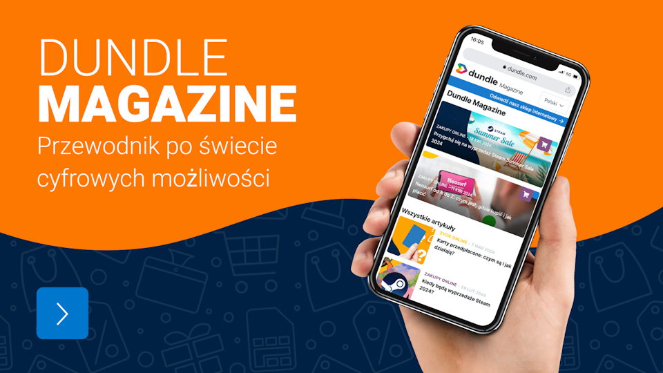Na mieszanym ciemnoniebieskim i pomarańczowym tle znajduje się ręka trzymająca telefon ze stroną główną magazynu dundle.