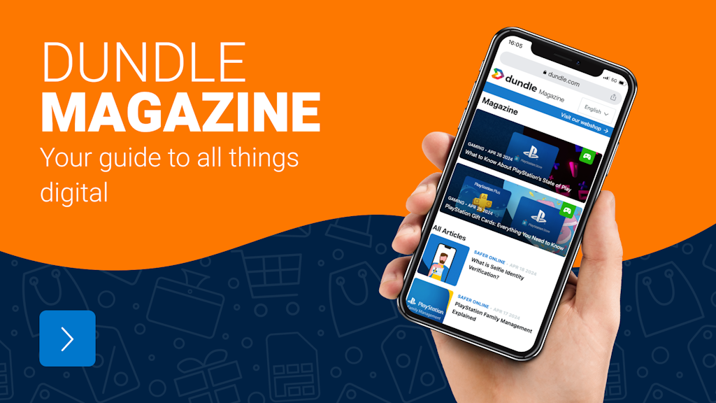 On a mixed dark blue and orange background there is a hand holding a phone with the dundle Magazine homepage.