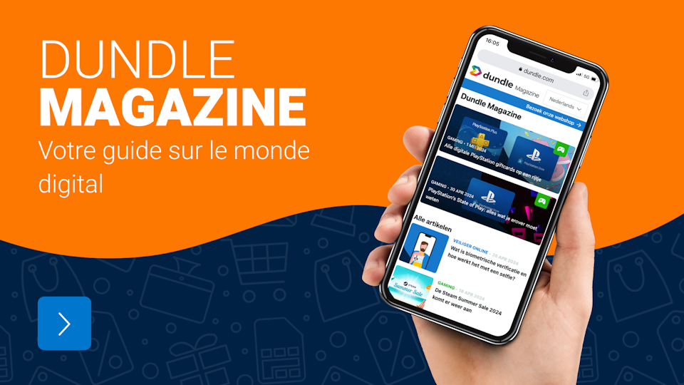 Une main tenant un téléphone portable s'est ouverte sur la page du magazine dundle sur fond orange et bleu.