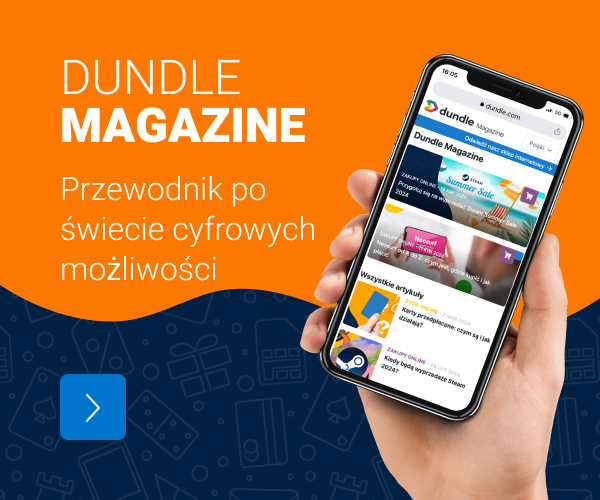 Na mieszanym ciemnoniebieskim i pomarańczowym tle znajduje się ręka trzymająca telefon ze stroną główną magazynu dundle.