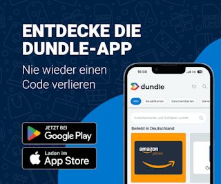 Entdecke die dundle-App Handy mit der dundle-App sowie zwei Buttons, um die App bei Google Play oder der App Store herunterzuladen