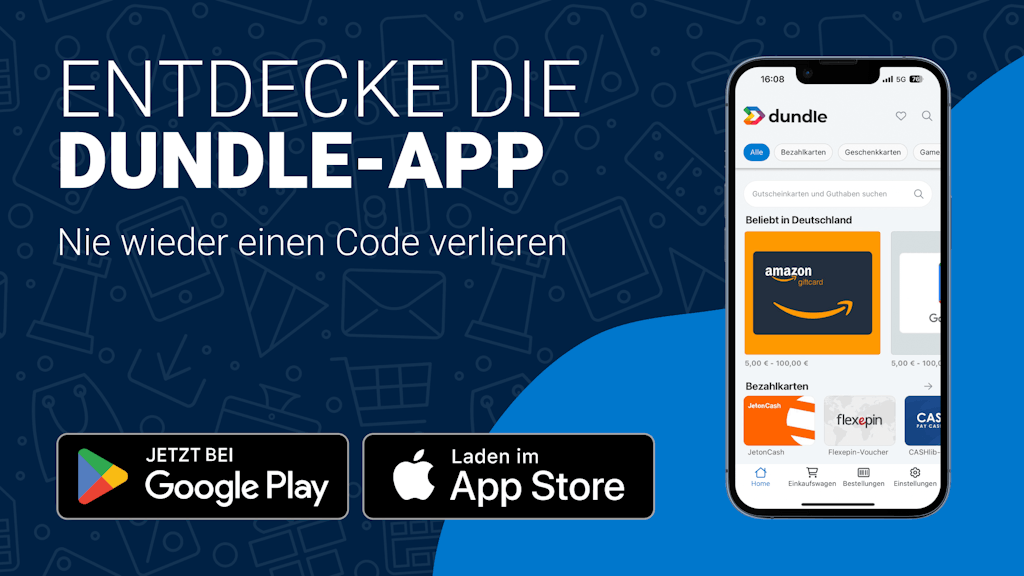 Handy mit der dundle-App sowie zwei Buttons, um die App bei Google Play oder der App Store herunterzuladen