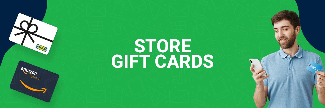 Green banner with Amazon and Ikea gift cards on display