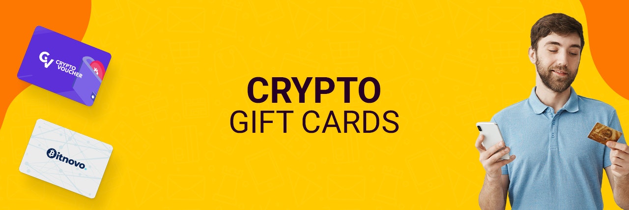 A Yellow Banner with crypto gift cards floating on the left and a man holding a phone and card on the right