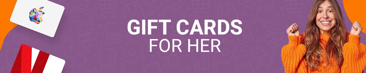 Gift cards for her Purple banner with Netflix and Apple Gift Cards and a woman in an orange sweater on the right