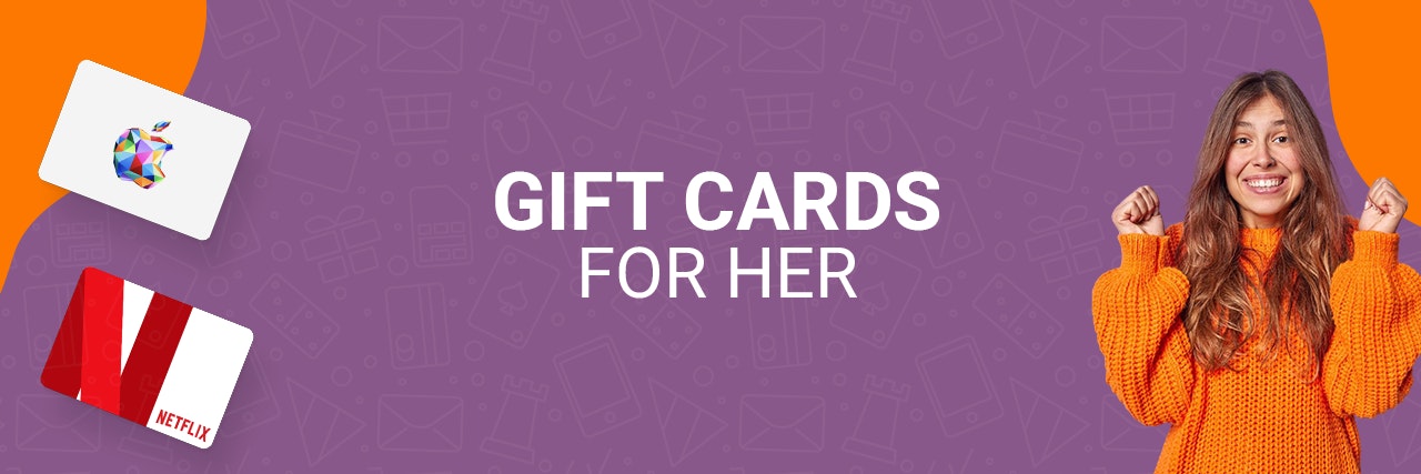 Purple banner with Netflix and Apple Gift Cards and a woman in an orange sweater on the right