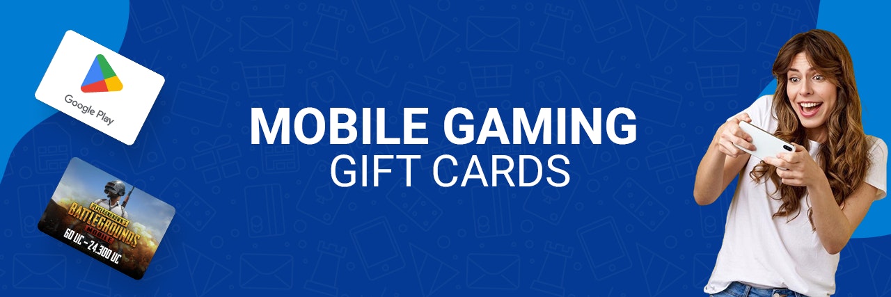 Blue banner  with pubg and google play gift card. On the rights is a woman holding a mobile phone.