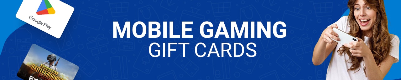 Mobile gaming gift cards banner Blue background with a woman playing games on her mobile phone, and two gift cards for PUBG and Google Play float in the far right corner.