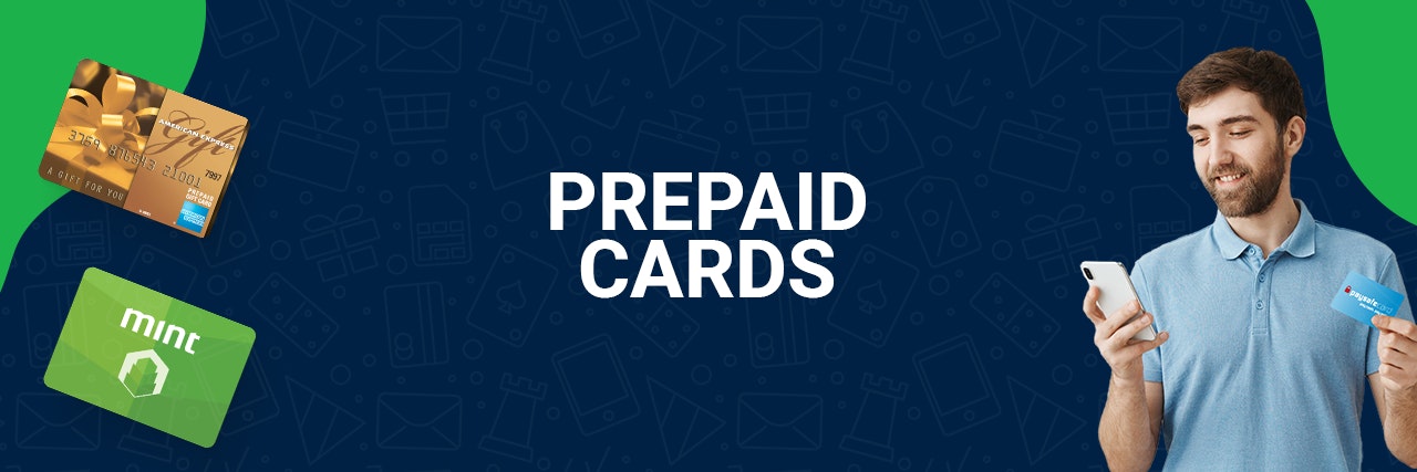 Blue and green banner with different prepaid cards and a man holding a phone and a card.