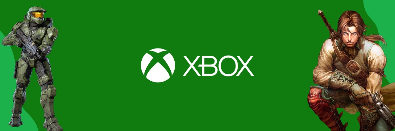 Green banner with characters form xbox games