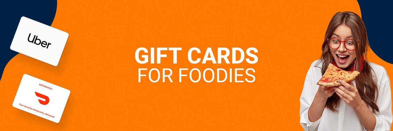 Food Gift Cards banner Orange banner with Doordash and Uber Gift Cards. On the right is a girl eating pizza