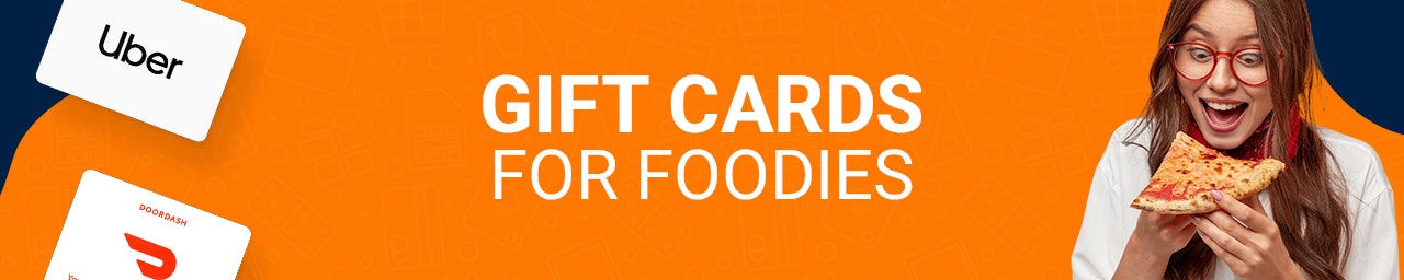 Food Gift Cards banner Orange banner with Doordash and Uber Gift Cards. On the right is a girl eating pizza
