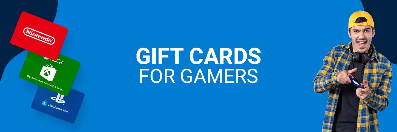 Blue banner wih console gift cards and a man with a hat holding a controller