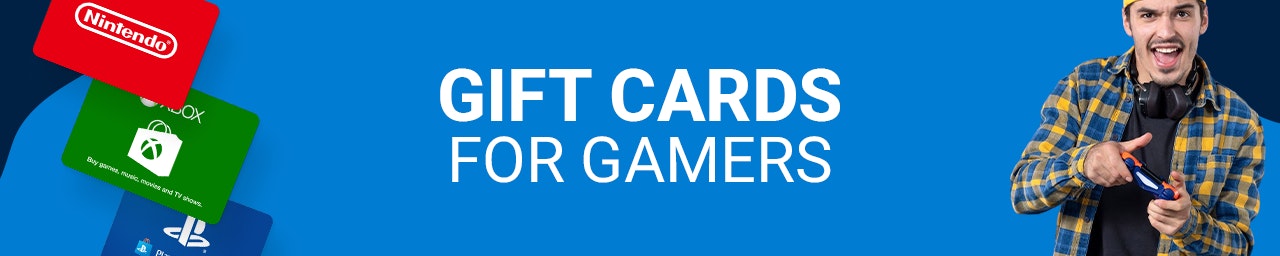 Gift Cards for gamers Blue banner wih console gift cards and a man with a hat holding a controller