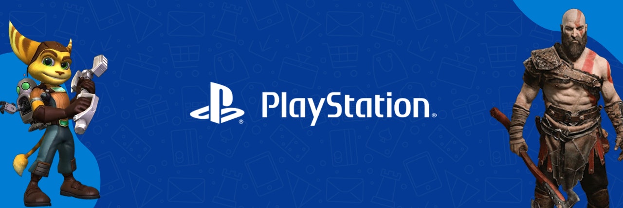 PlayStation blue banner Blue background with Ratchet and Clank from God of War
