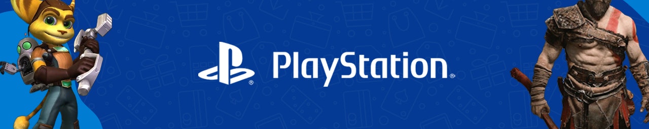 PlayStation blue banner Blue background with Ratchet and Clank from God of War
