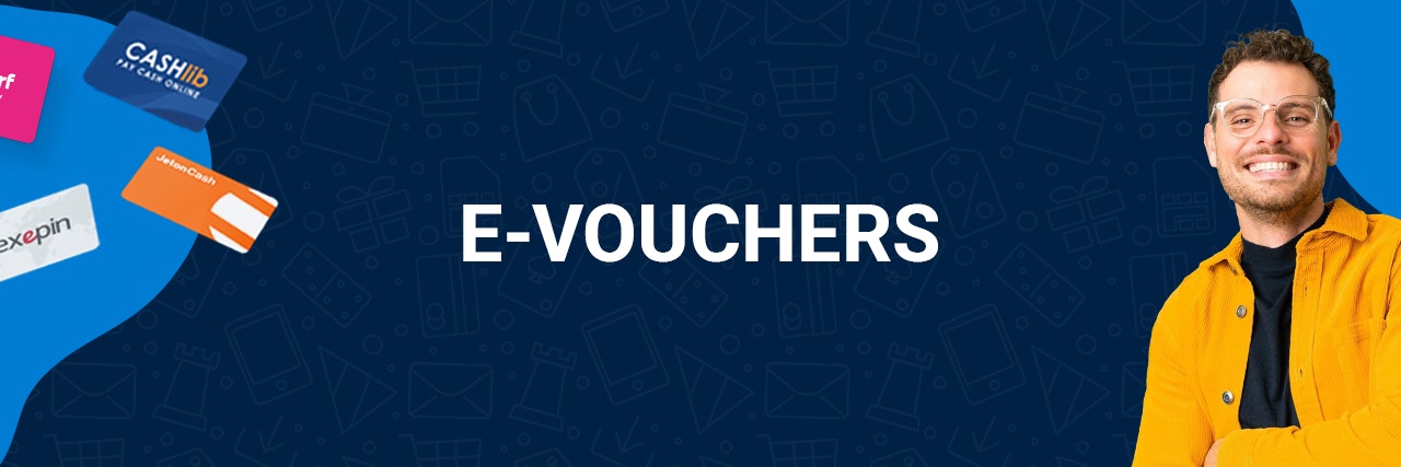 E-Vouchers banner Blue banner with cards on the left and a man in yellow shirt on the right