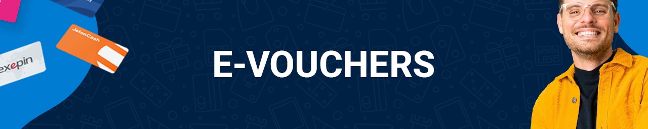 E-Vouchers banner Blue banner with cards on the left and a man in yellow shirt on the right