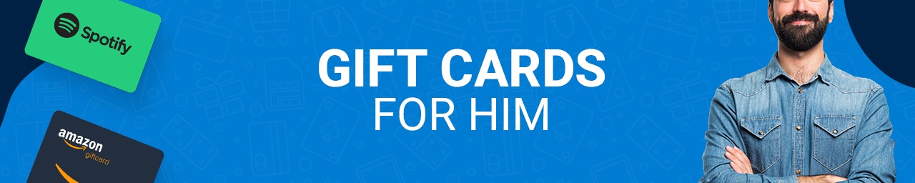 Gift Cards for Him banner Blue banner with Spotify and Amazon Gift Cards