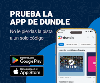 Prueba la app de dundle Una pantalla de teléfono con la página de inicio de dundle sobre un fondo azul claro y azul oscuro mezclados. A la izquierda hay botones de descarga para Android y Apple.