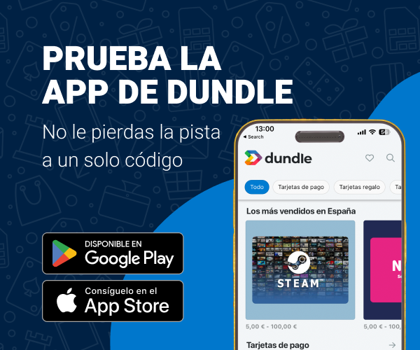 Una pantalla de teléfono con la página de inicio de dundle sobre un fondo azul claro y azul oscuro mezclados. A la izquierda hay botones de descarga para Android y Apple.