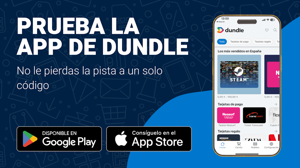 Una pantalla de teléfono con la página de inicio de dundle sobre un fondo azul claro y azul oscuro mezclados. A la izquierda hay botones de descarga para Android y Apple.