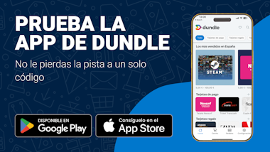 Prueba la app de dundle Una pantalla de teléfono con la página de inicio de dundle sobre un fondo azul claro y azul oscuro mezclados. A la izquierda hay botones de descarga para Android y Apple.