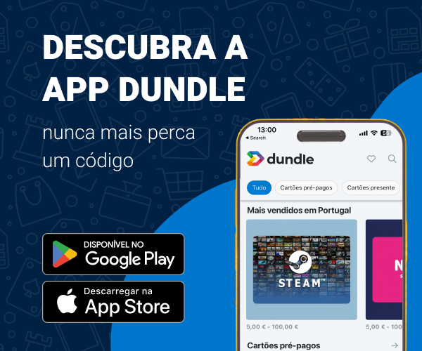 Ecrã de um telemóvel com a página inicial da dundle num fundo misto de azul claro e azul escuro. À esquerda, existem botões de descarregamento para Android e Apple.
