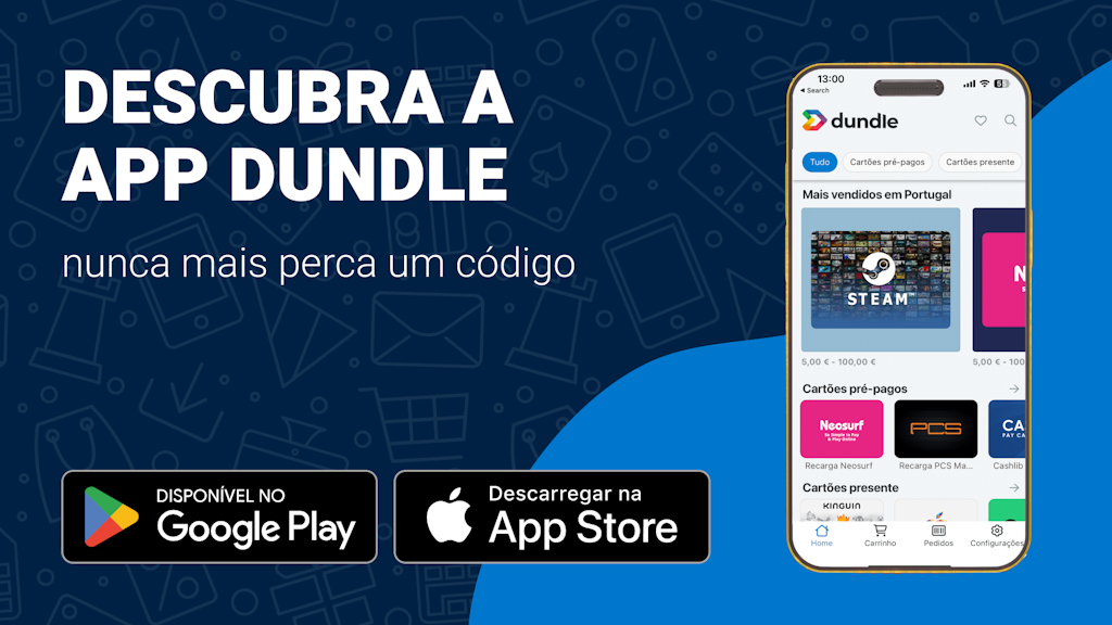 descubra a app dundle Ecrã de um telemóvel com a página inicial da dundle num fundo misto de azul claro e azul escuro. À esquerda, existem botões de descarregamento para Android e Apple.