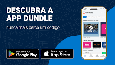 Ecrã de um telemóvel com a página inicial da dundle num fundo misto de azul claro e azul escuro. À esquerda, existem botões de descarregamento para Android e Apple.