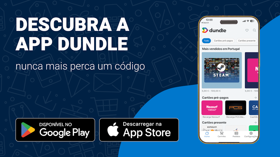 Ecrã de um telemóvel com a página inicial da dundle num fundo misto de azul claro e azul escuro. À esquerda, existem botões de descarregamento para Android e Apple.
