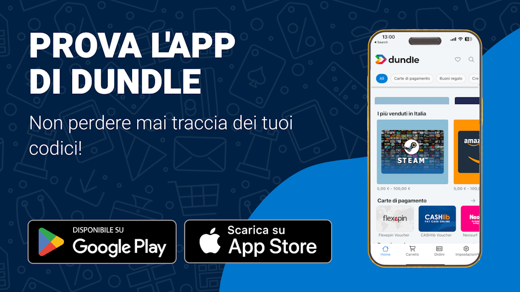 Una schermata del telefono con la homepage di dundle su uno sfondo misto blu chiaro e blu scuro. A sinistra sono presenti i pulsanti di download per Android e Apple.