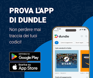 Prova l'app di dundle Una schermata del telefono con la homepage di dundle su uno sfondo misto blu chiaro e blu scuro. A sinistra sono presenti i pulsanti di download per Android e Apple.