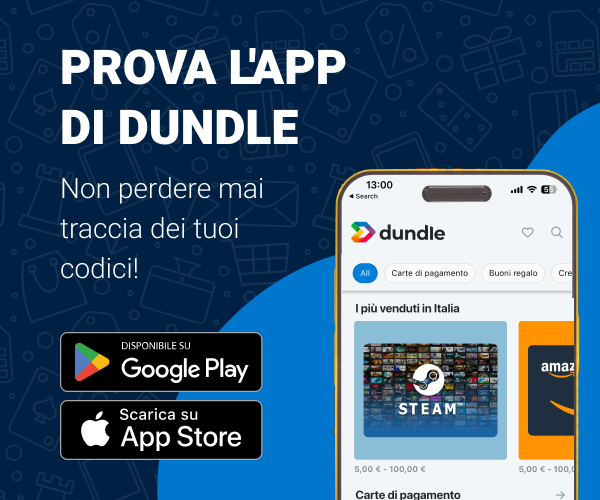 Una schermata del telefono con la homepage di dundle su uno sfondo misto blu chiaro e blu scuro. A sinistra sono presenti i pulsanti di download per Android e Apple.