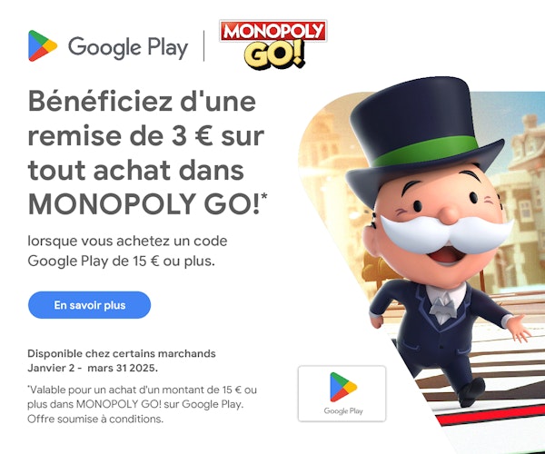 Une bannière promotionnelle avec un fond blanc et l'icône de l'homme au chapeau de Monopoly.