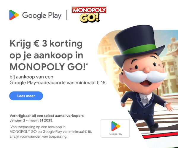 Een promotionele banner met een witte achtergrond en de iconische man met de monopoly hoed