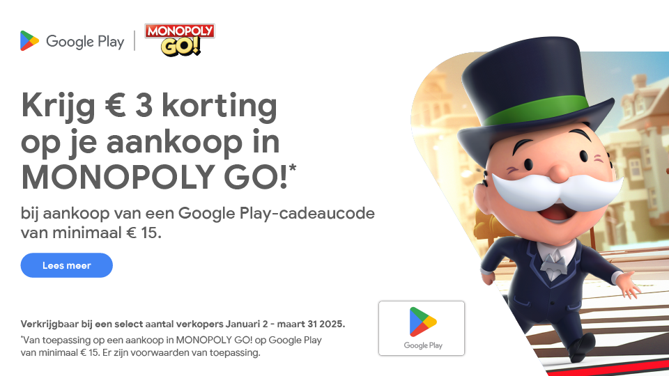 Een promotionele banner met een witte achtergrond en de iconische man met de monopoly hoed