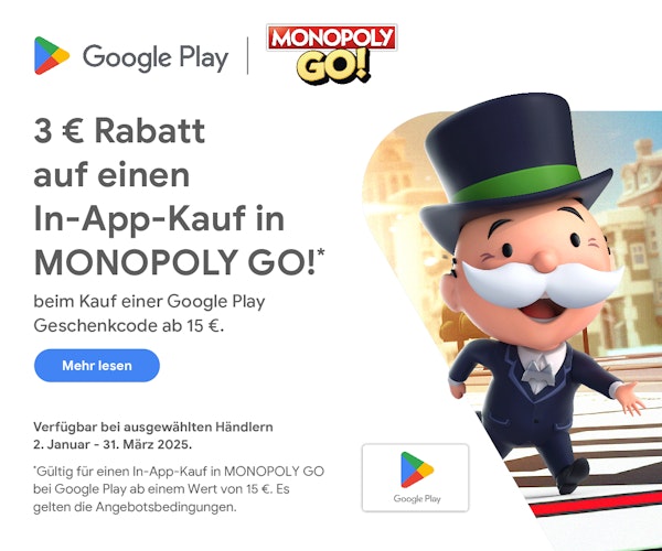 Ein Werbebanner mit weißem Hintergrund und dem kultigen Mann mit dem Monopoly-Hut