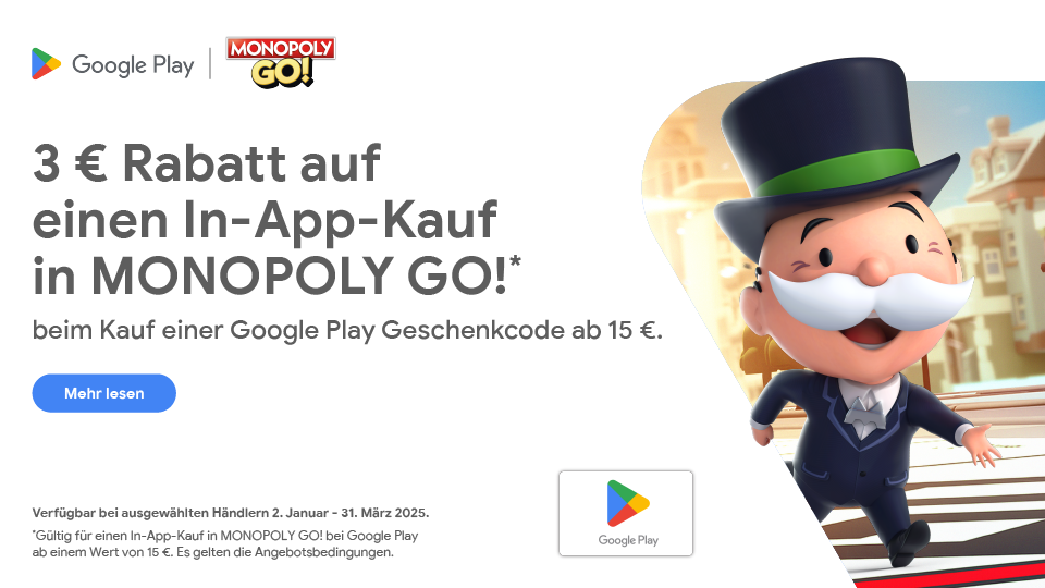 Ein Werbebanner mit weißem Hintergrund und dem kultigen Mann mit dem Monopoly-Hut