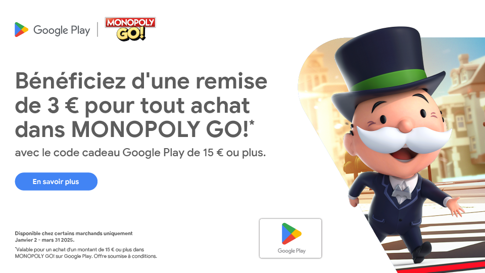 Une bannière promotionnelle avec un fond blanc et l'icône de l'homme au chapeau de Monopoly.