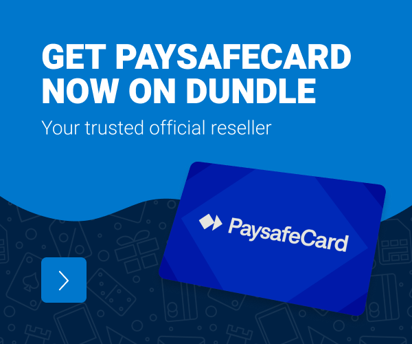 a paysafecard with a blue background and a text saying 'Get paysafecard now on dundle, Your trusted official reseller'