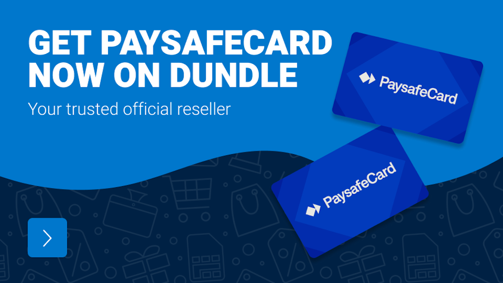 2 paysafecards with a blue background and a text saying 'Get paysafecard now on dundle, Your trusted official reseller'